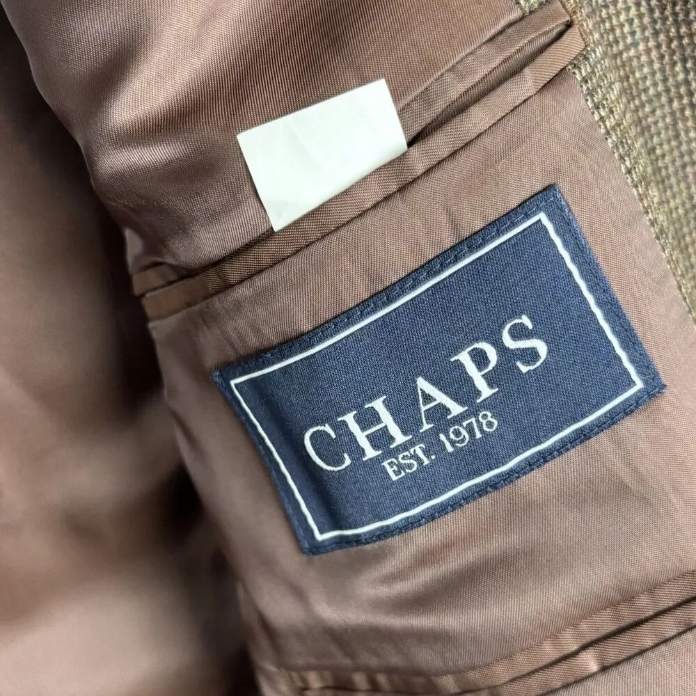 Chaps Ralph Lauren Sport Coat Mens 44R Brown Blue Lambs Wool Herringbone Blazer
